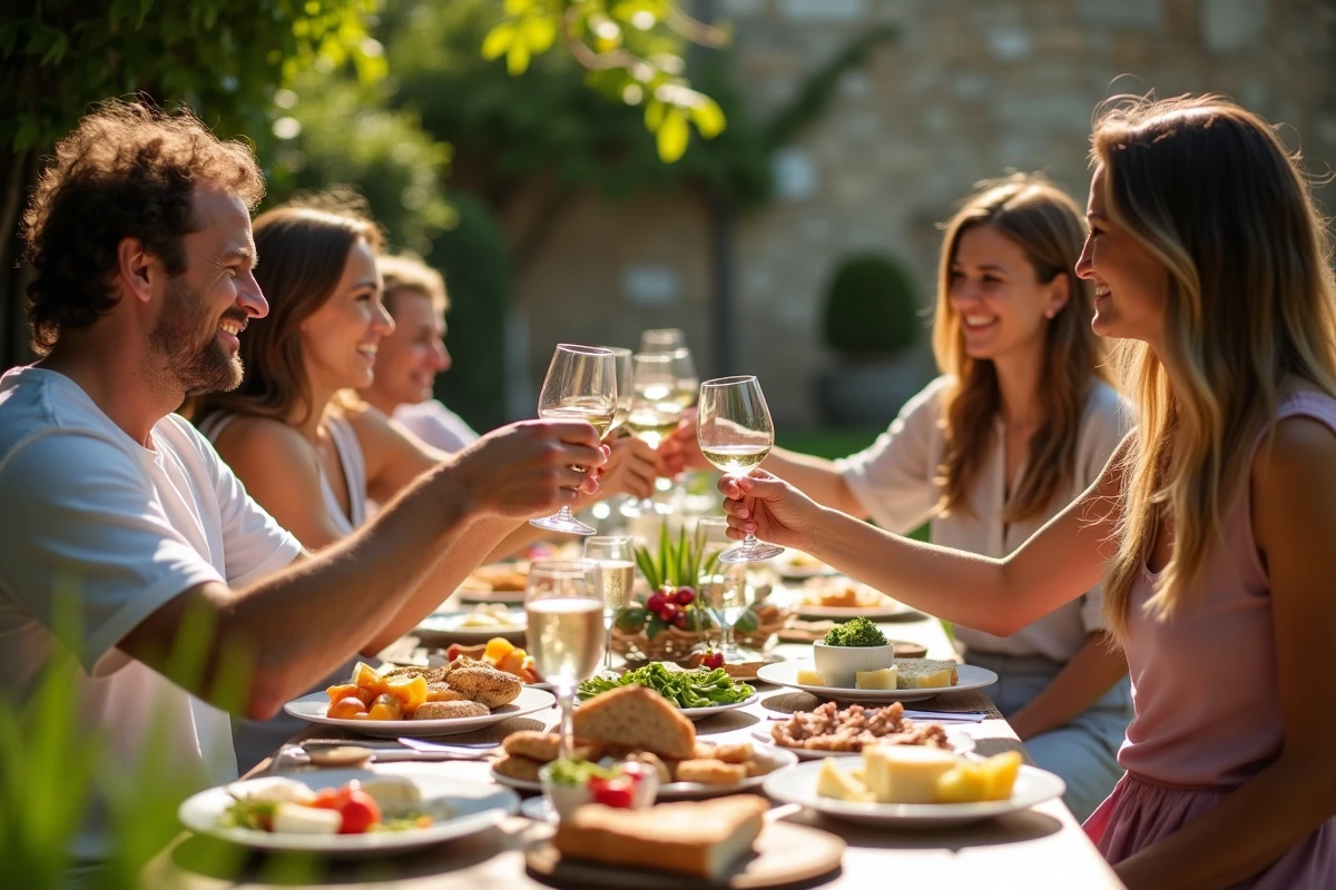 Groupe d amis français partageant un verre de vin en plein air