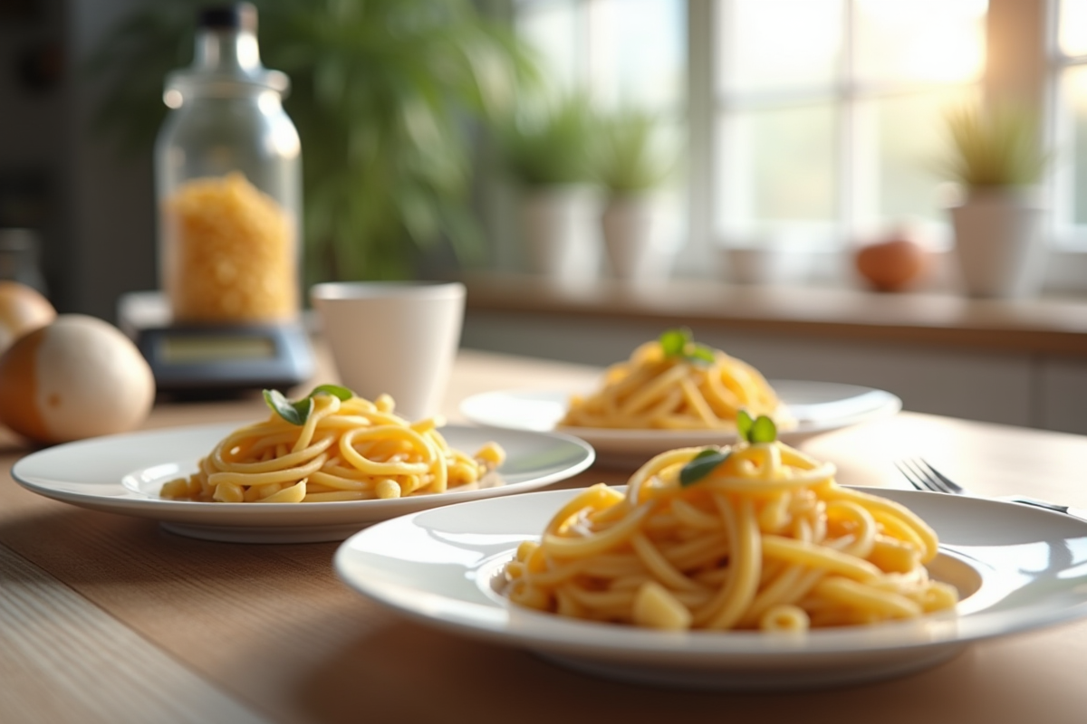 Assiettes de pâtes cuites avec balance et tasse à mesurer