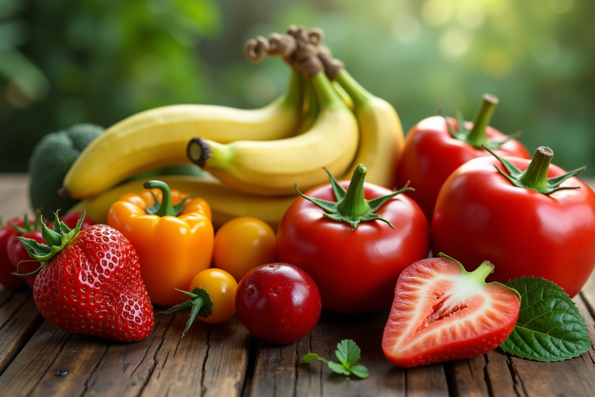 Assortiment de fruits et légumes frais sur une table en bois