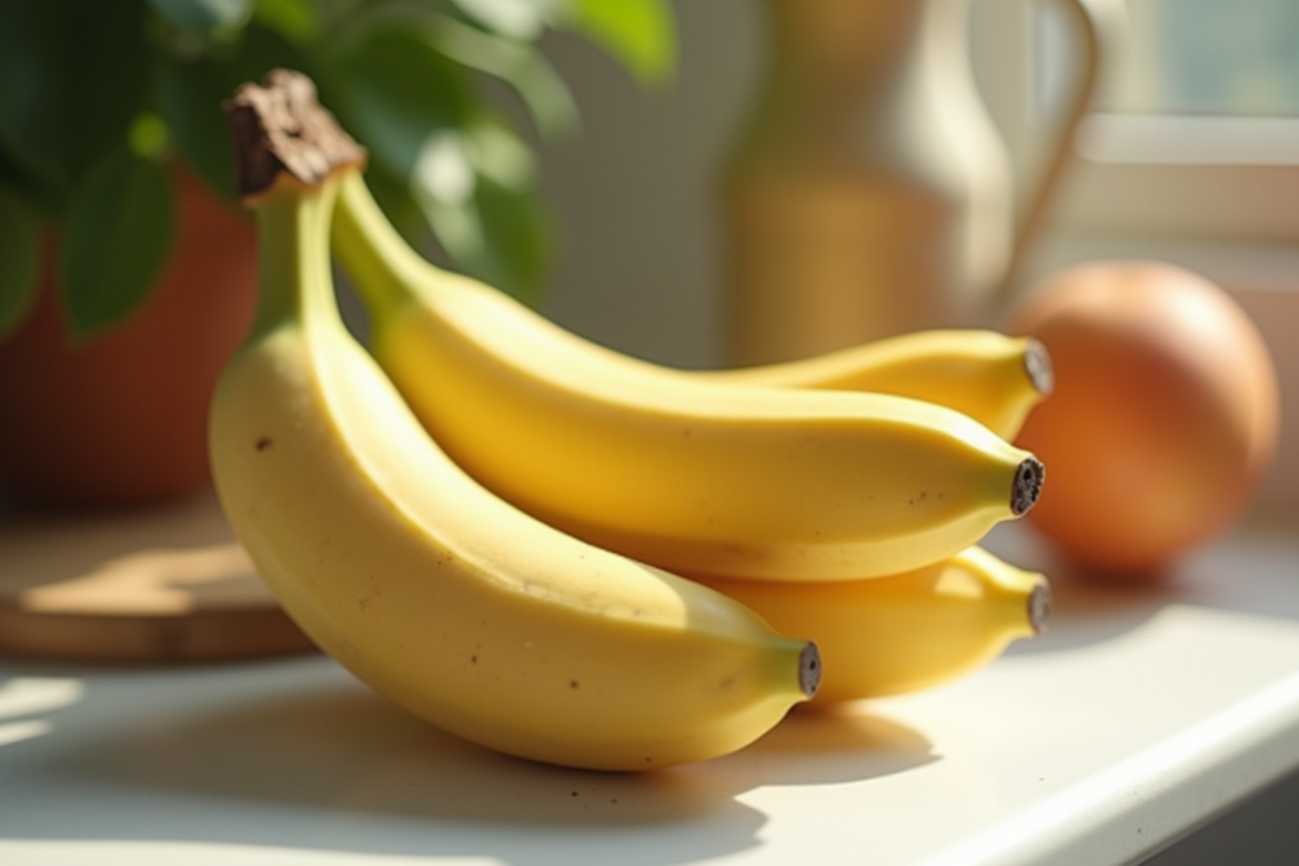 Banane fraîche sur plan de travail en cuisine en lumière naturelle