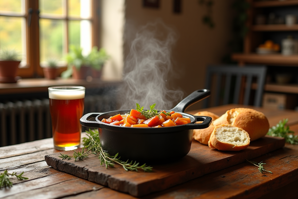 Table rustique avec carbonade flamande et bière sombre