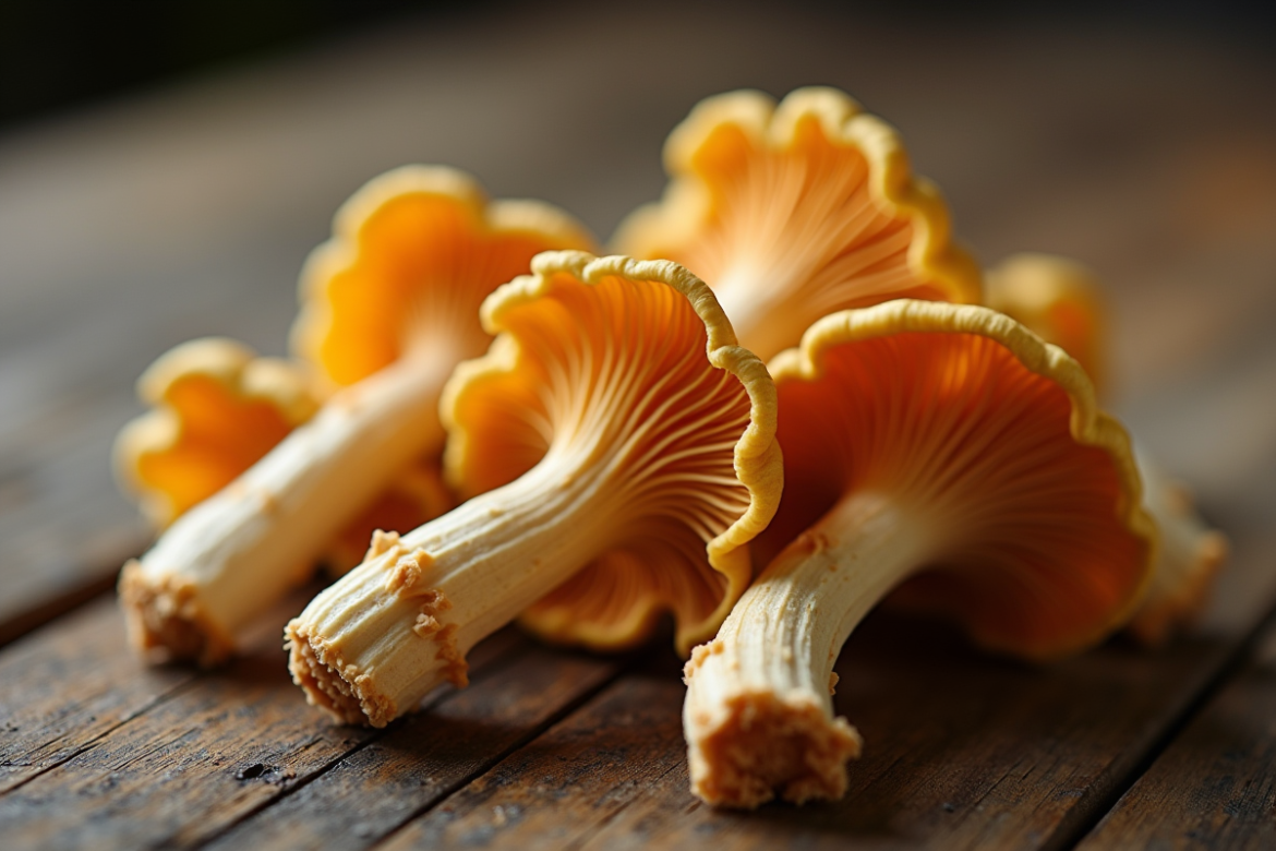 Champignons chanterelle frais sur une table en bois rustique