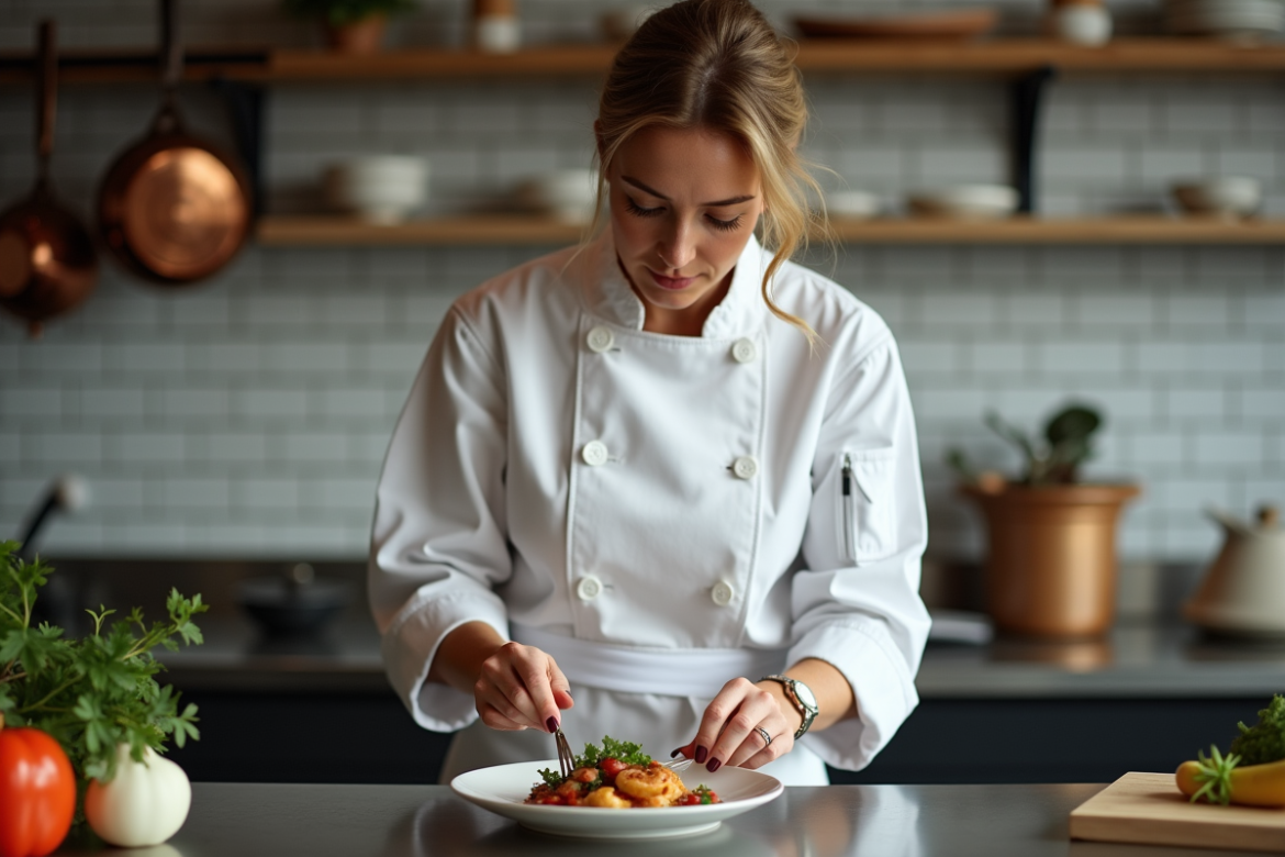 Chef femme en cuisine française en train de dresser un plat