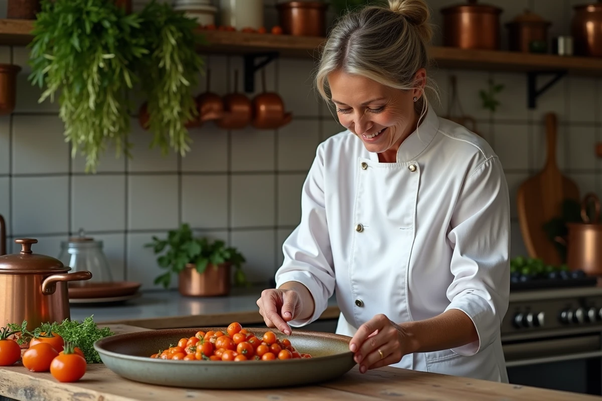 Femme cuisiniere française garnissant une ratatouille authentique