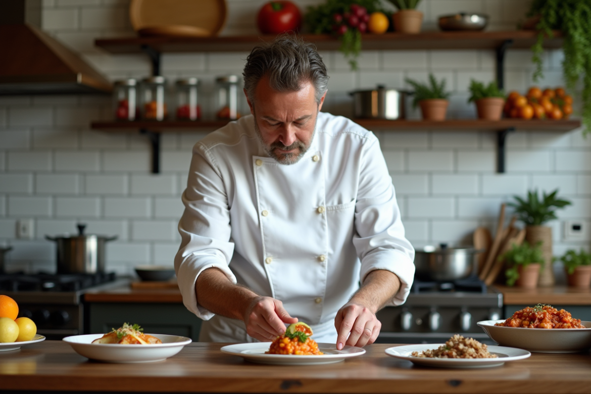 Chef français en cuisine rustique préparant un plat gourmet