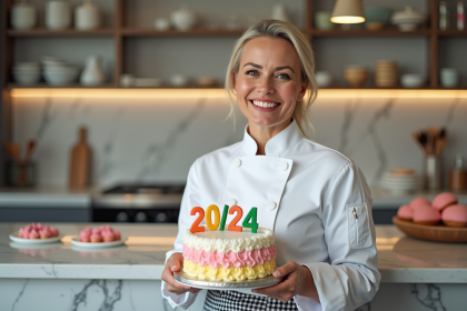 Chef pâtissière souriante avec gâteau anniversaire 20/24