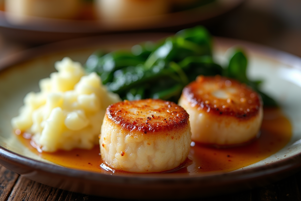 Coquilles dorées avec purée et épinards sautés