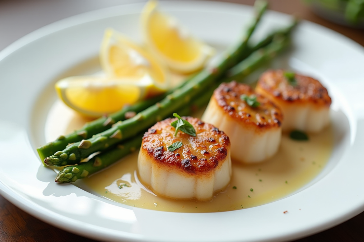 Coquilles Saint-Jacques servies avec asperges vertes et citron