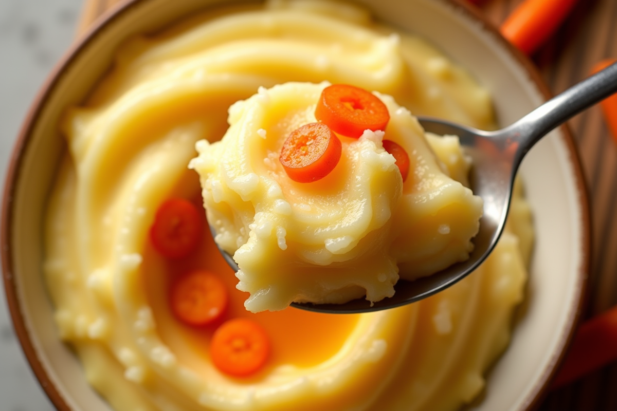 Cuillère en acier scoopant la purée de pommes de terre et carottes