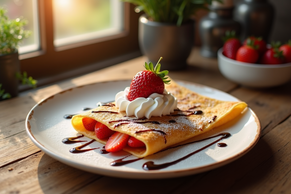 Crêpe aux fraises et chocolat dans une crêperie élégante
