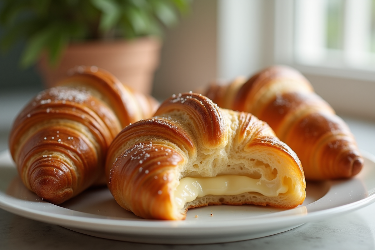 Gros plan sur croissants dorés et pains au chocolat sur assiette