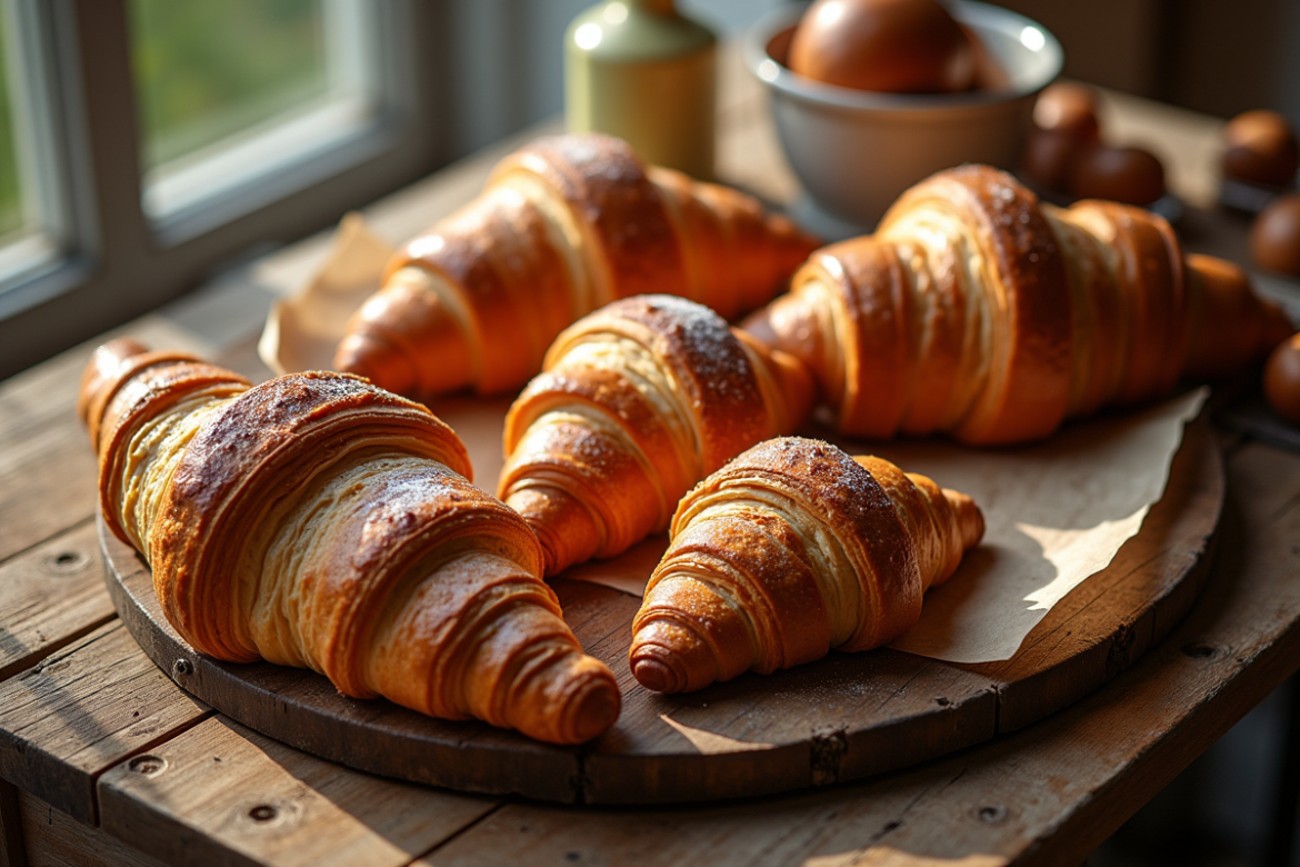 Croissants et pains au chocolat frais sur une table en bois