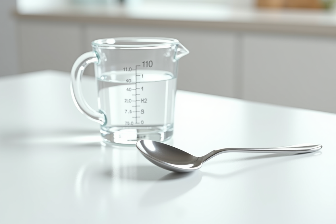 Cuillère en inox avec eau sur un plan de cuisine blanc