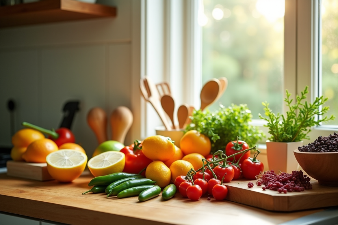 Cuisine avec fruits et légumes J colorés et frais