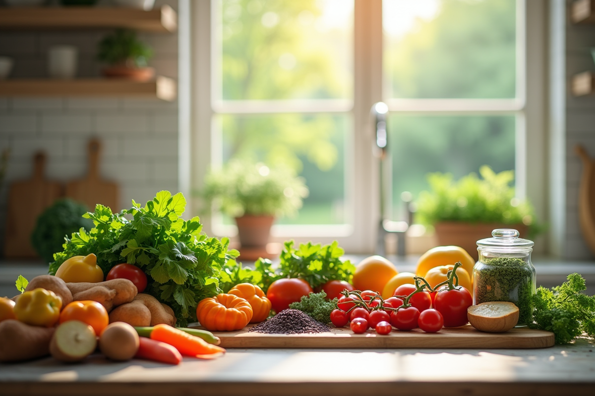 Cuisine moderne avec aliments bio et lumière naturelle