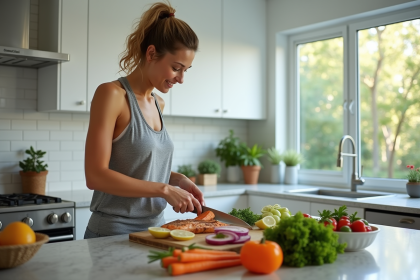 Femme préparant un repas sain avec légumes frais et saumon