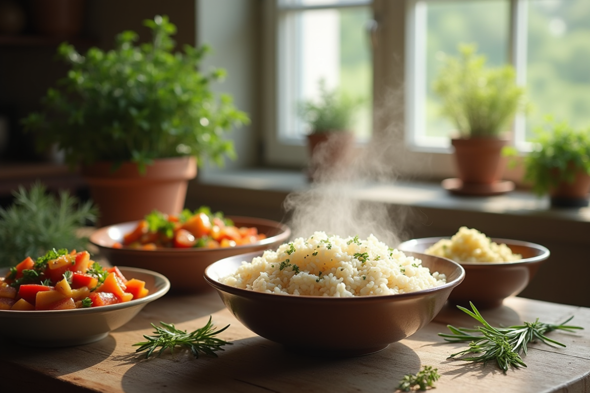 Table rustique avec riz blanc et légumes sautés en céramique