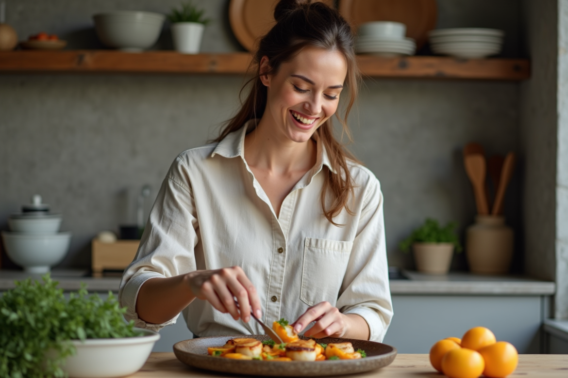 Femme souriante préparant des coquilles Saint-Jacques dans une cuisine chaleureuse
