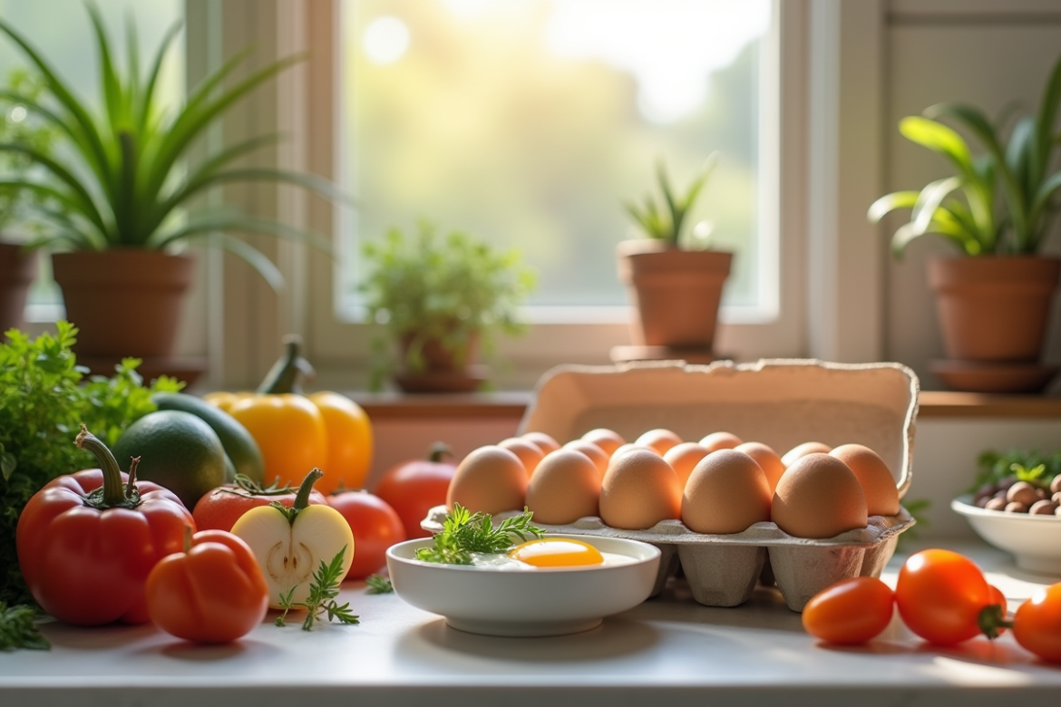 Cuisine moderne avec oeufs végétaux et légumes frais