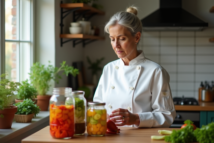 Femme cuisiniere inspectant bocaux de fermentation maison