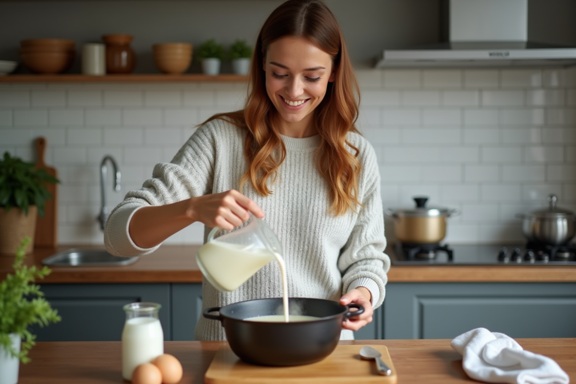 Femme souriante remuant une purée Mousline dans la casserole