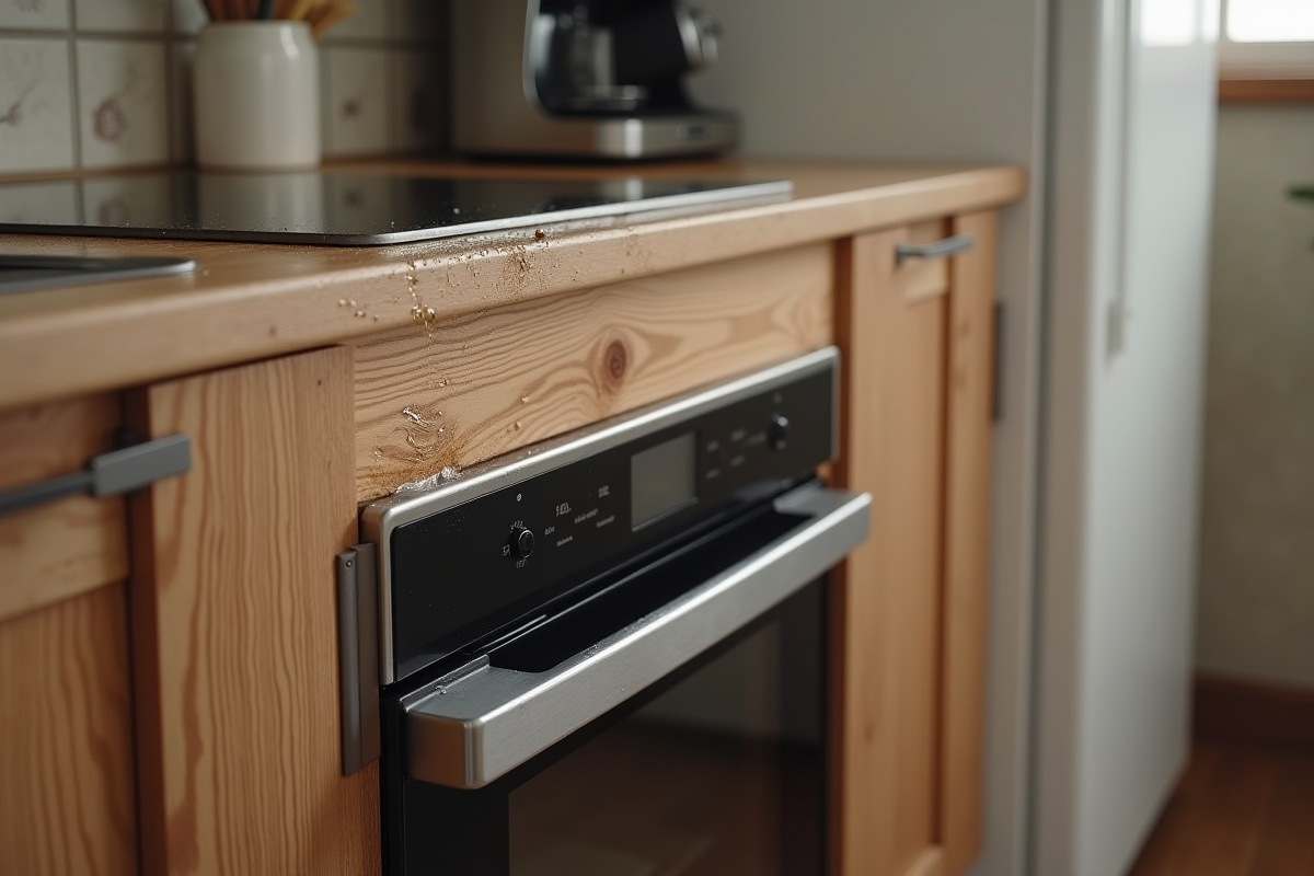 Gros plan sur le bord d’un meuble de cuisine avec vapeur et taches