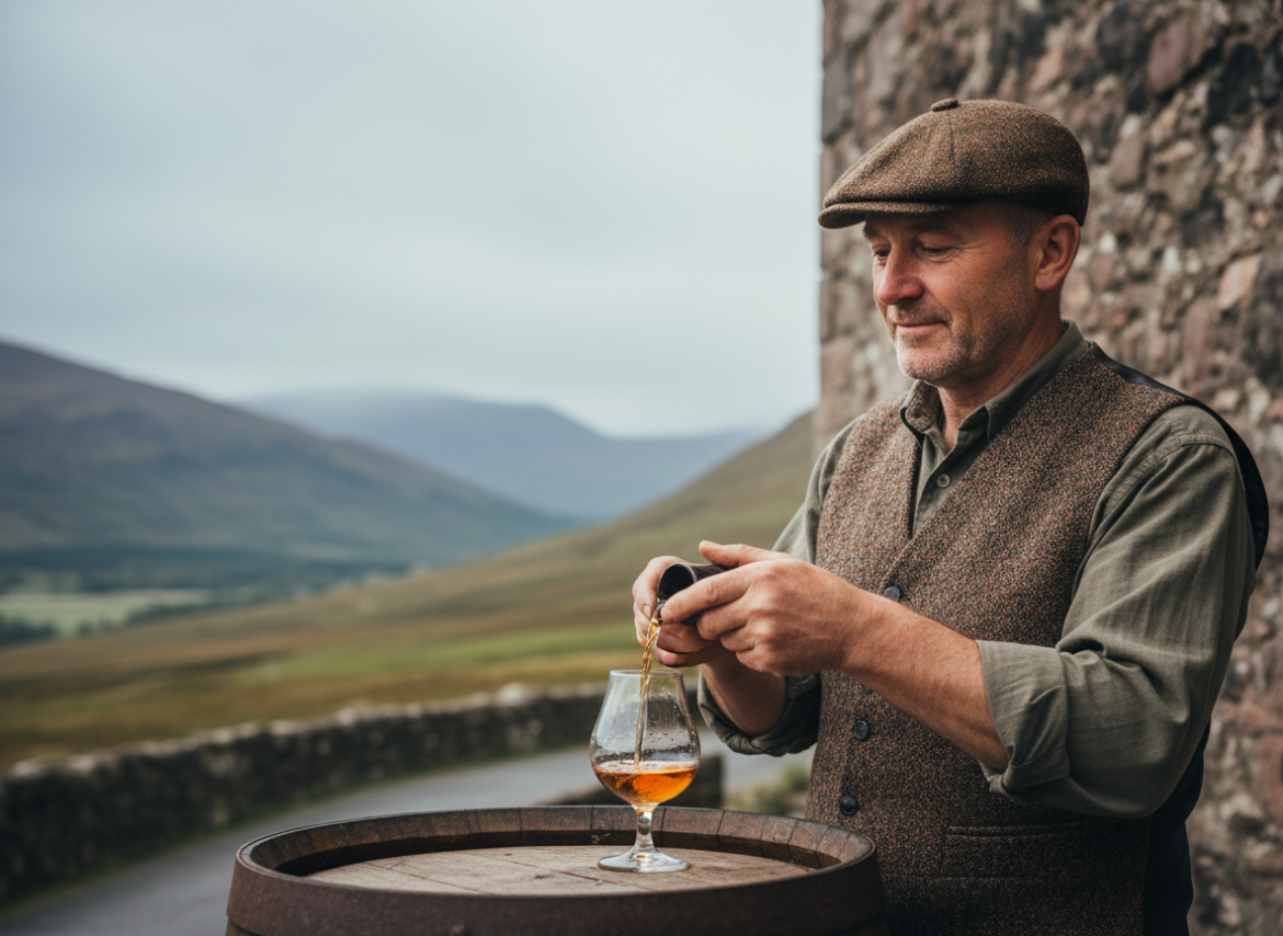 Homme écossais en tweed versant whisky dans un verre