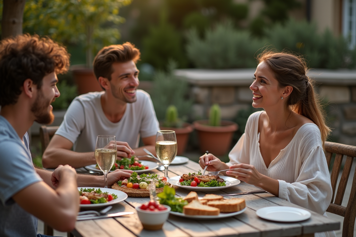 Famille partageant un dîner méditerranéen en extérieur