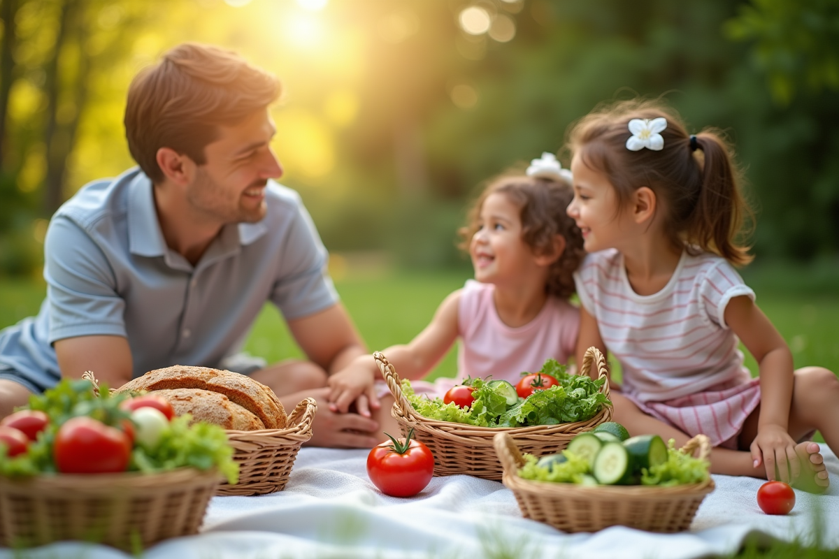 Famille profitant d un pique-nique avec des aliments sains