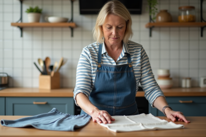 Femme en tablier en denim dans la cuisine moderne