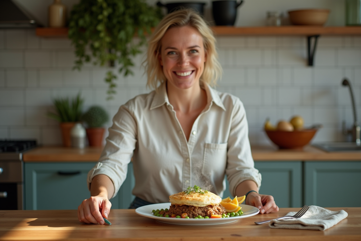 Femme australienne souriante servant un meat pie à la maison