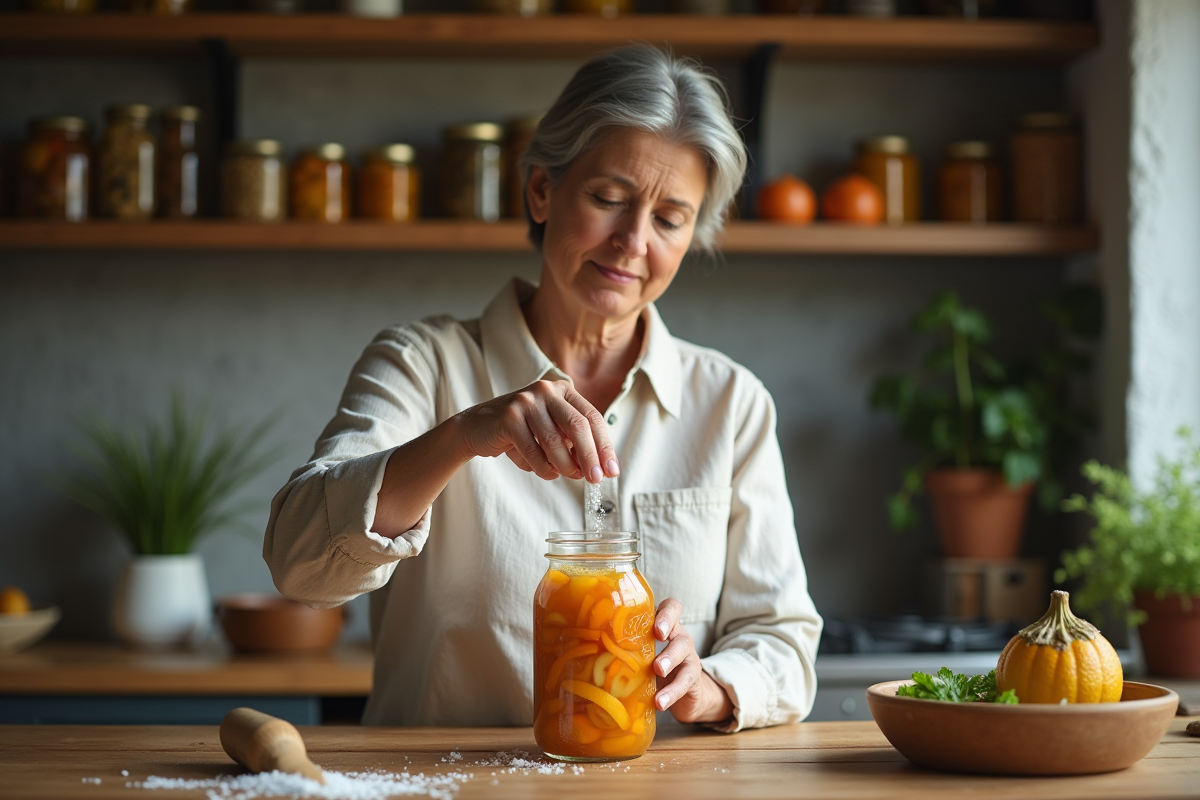 Femme versant du sel dans un bocal de légumes coupés