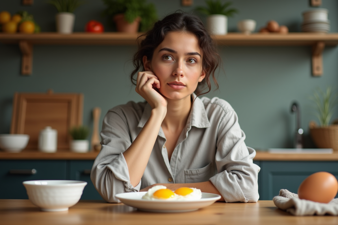 Jeune femme contemplant des alternatives végétales aux œufs dans une cuisine moderne