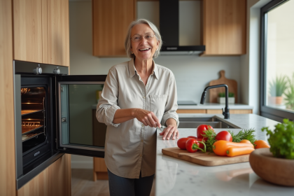 Femme souriante ouvrant un four vapeur moderne dans une cuisine lumineuse