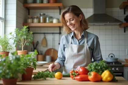 Femme souriante en tablier en coton dans la cuisine lumineuse