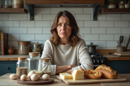 Femme d'âge moyen dans une cuisine rustique regardant des aliments crus