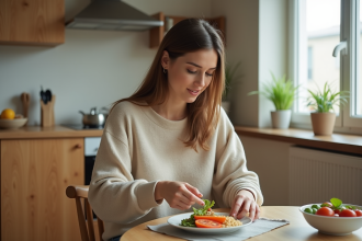 Jeune femme préparant des légumes dans sa cuisine chaleureuse