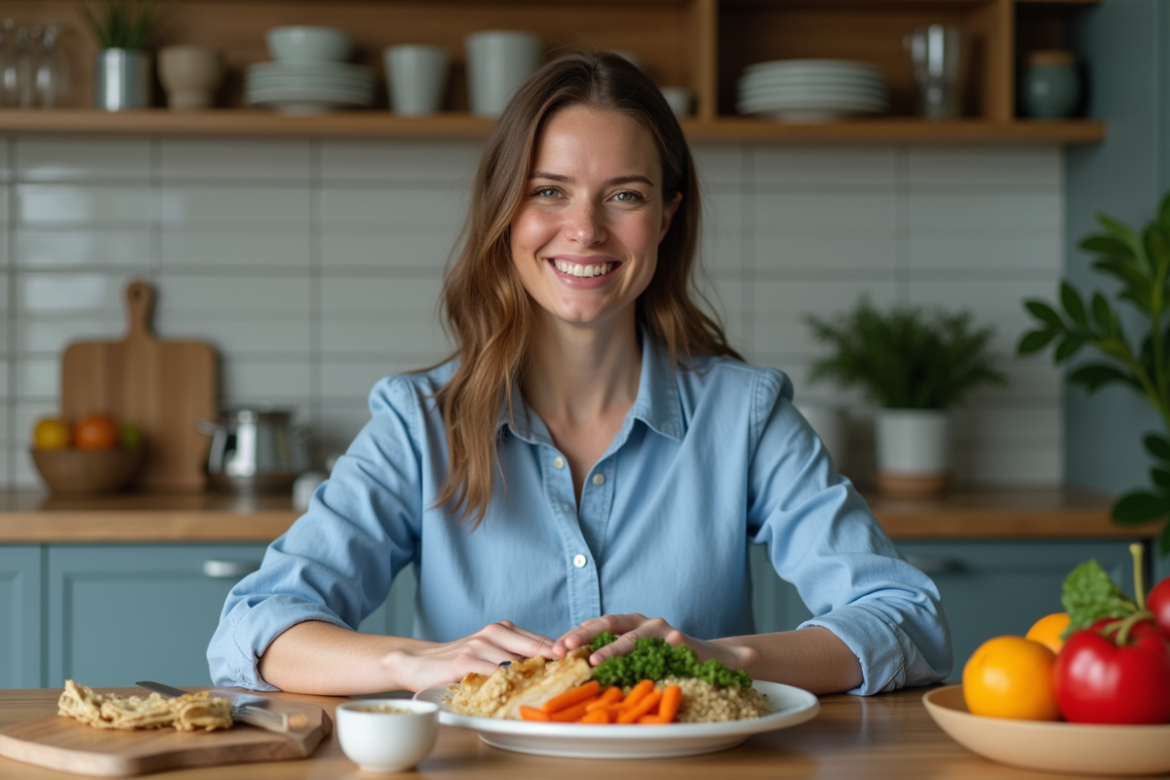 Femme souriante préparant un repas équilibré dans la cuisine