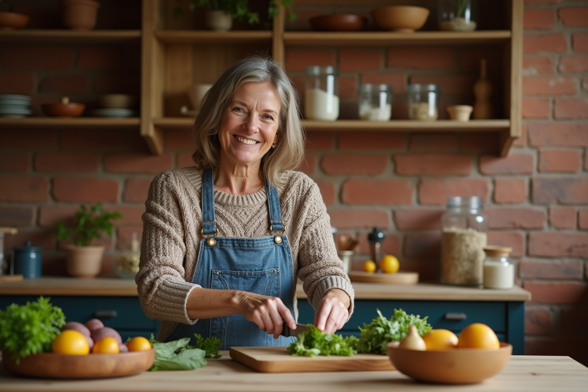 Femme souriante coupant des légumes verts dans la cuisine rustique