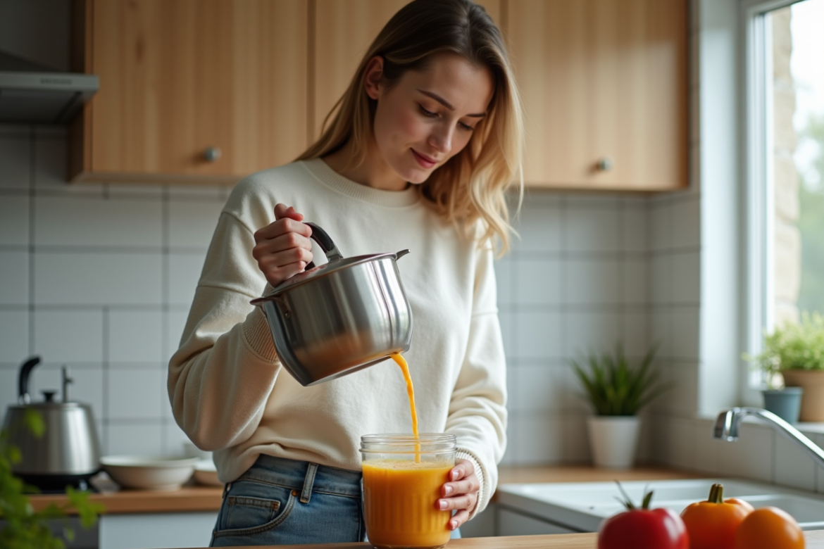 Jeune femme versant soupe dans un blender en cuisine