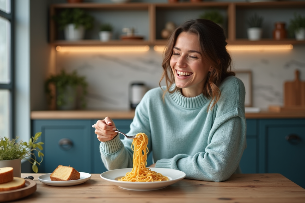 Femme joyeuse cuisinant spaghetti keto à la maison