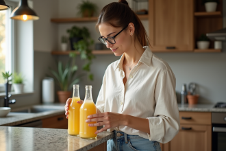 Femme examine deux bouteilles de detox dans une cuisine moderne