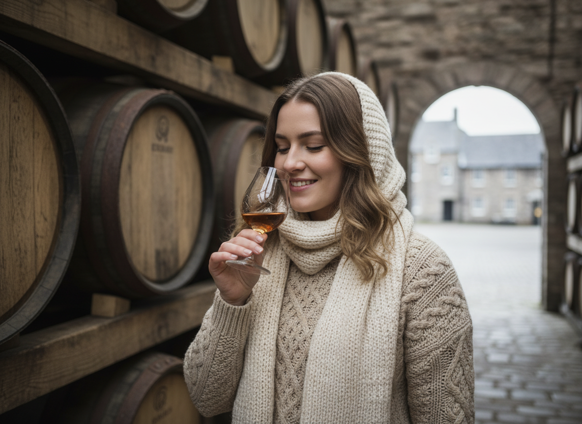 Jeune femme écossaise humant un whisky dans une distillerie