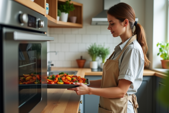 Femme en cuisine avec four vapeur et légumes colorés