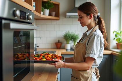 Femme en cuisine avec four vapeur et légumes colorés