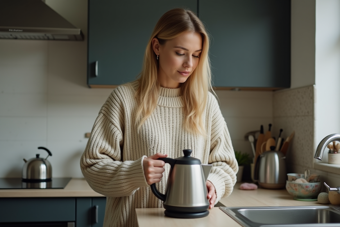 Femme examinant une bouilloire ancienne dans la cuisine
