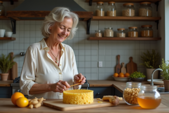 Femme souriante coupe un rayon de miel dans la cuisine rustique