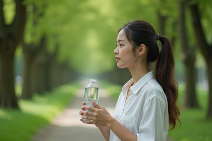 Jeune femme dans un parc tenant une gourde d'eau