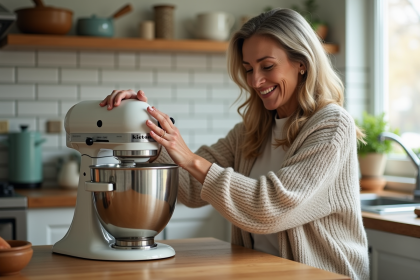 Femme nettoie un mixeur classique dans la cuisine chaleureuse