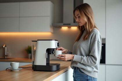 Femme préparant un café dans une cuisine moderne et lumineuse